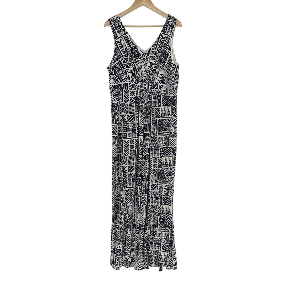 LOFT‎ Empire Waist Long Maxi Dress V-Neck Batik Blue Sleeveless XL Preppy Boho